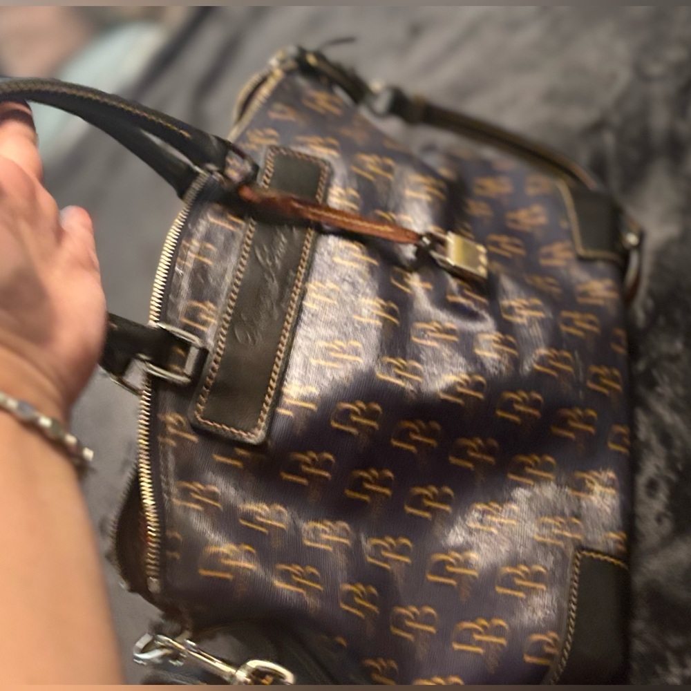 Dooney Bourke Monogram Pattern Navy and Brown Satchel Handbag - Picture 13 of 15